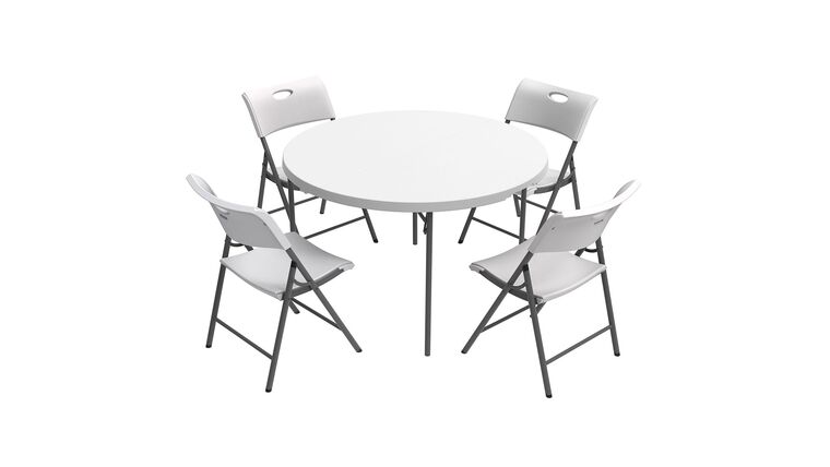 Package – Lifetime Combo – 48″ Round Fold-In-Half Commercial Grade Table and (4) Folding Chairs, White Granite | Rental Package – Lifetime Combo – 48″ Round Fold-In-Half Commercial Grade Table and (4) Folding Chairs, White Granite | Rental