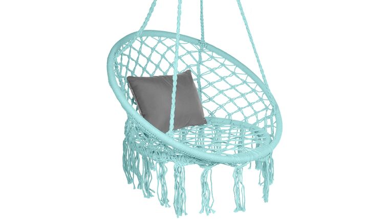 Handwoven Cotton Macramé Hammock Hanging Chair Swing for Indoor & Outdoor Use w/Backrest, Fringe Tassels, 265 Pound Capacity – Teal | Rental